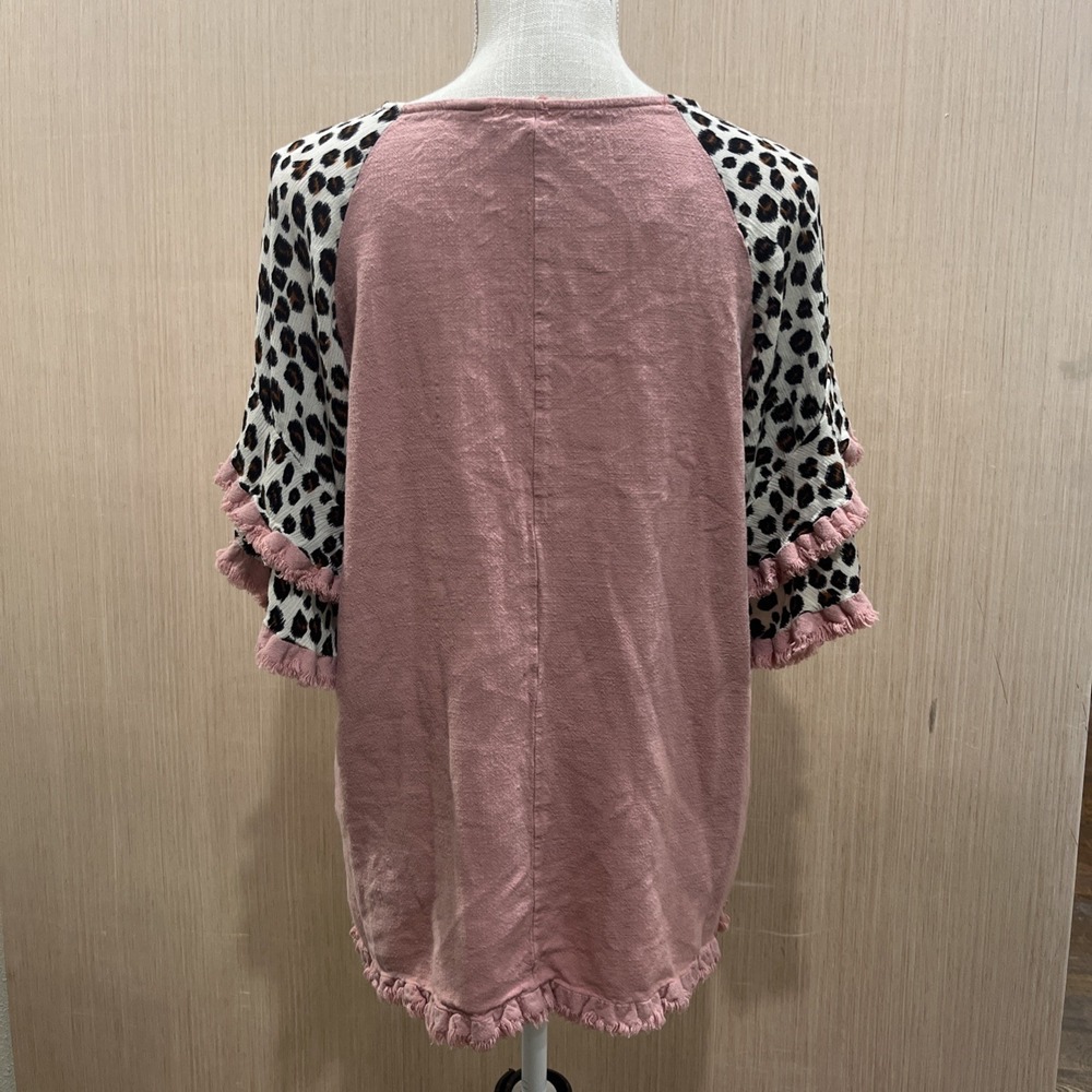 Umgee Blouse Womens Large Pink Leopard Ruffle Short Sleeve Boho Tunic Top Shirt - Picture 6 of 8